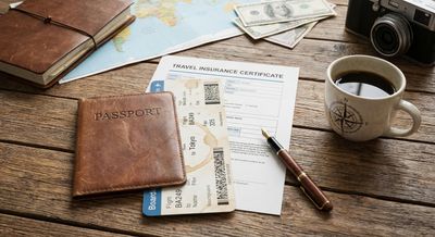 Travel documents and passport on a desk